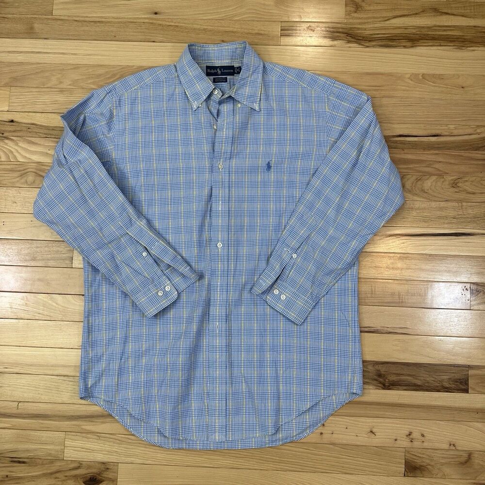 Ralph Lauren Yarmouth Mens 16.5 33/33 Blue Yellow Button Down Oxford Long Sleeve